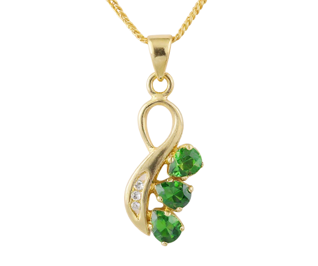18KT GOLD PENDANT SET WITH 03 CHROME DIOPSIDES AND 03 DIAMONDS 